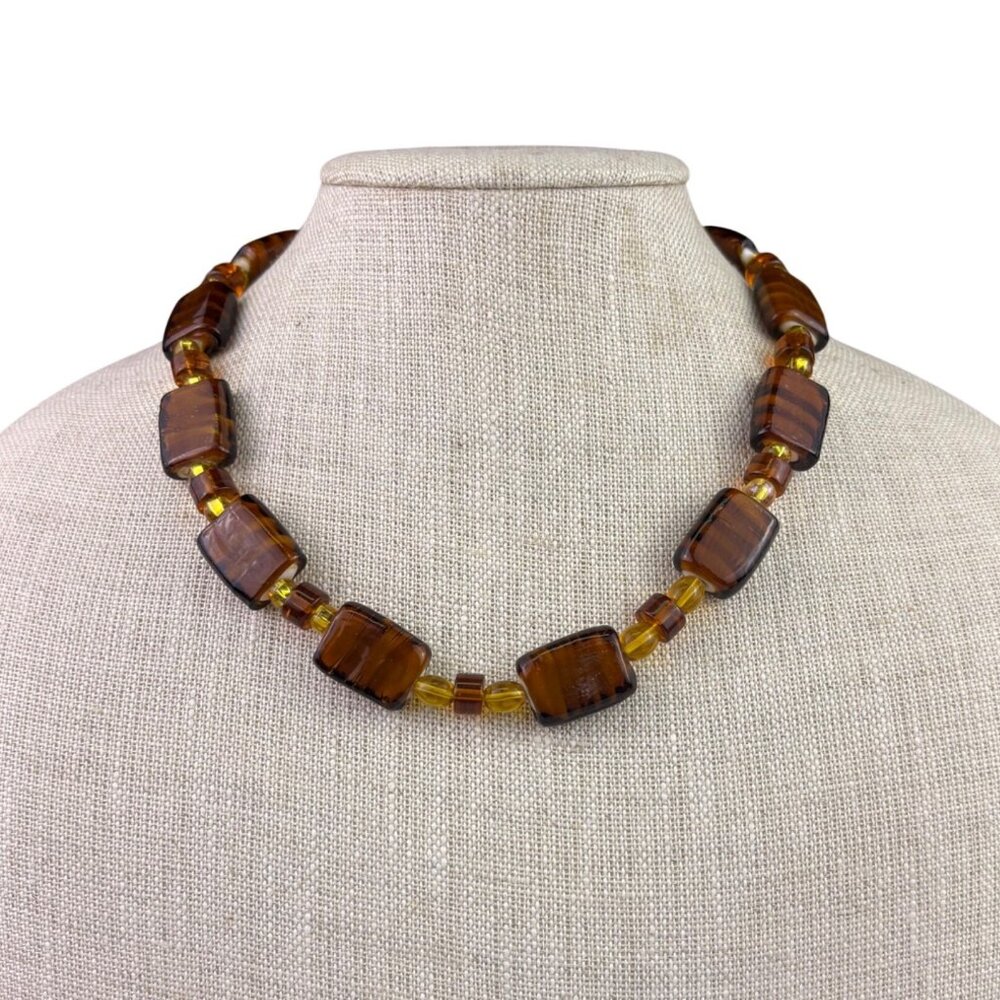 Vintage Womens Amber Glass Necklace Square Beads Brown Unique